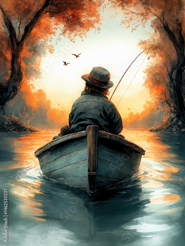 A fisherman in a boat fishes on a calm lake surrounded by a forest with autumn foliage.