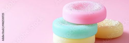 Stacked colorful donut-shaped soaps with sprinkles