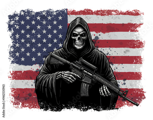 Patriotic Grim Reaper Tattoo Design American Flag Background
