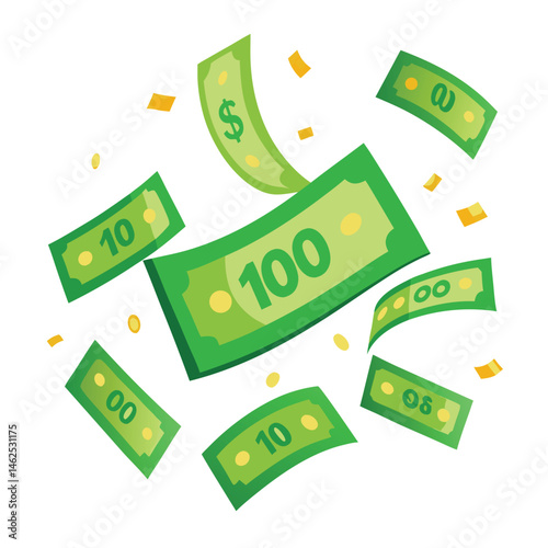 Fluttering one hundred dollar bills against a white backdrop on white background