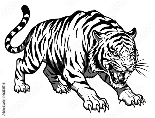 Majestic Tiger Tattoo Design Powerful Black and White Illustration