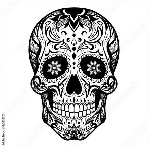 Intricate Sugar Skull Tattoo Design Black and White Floral Skull Art