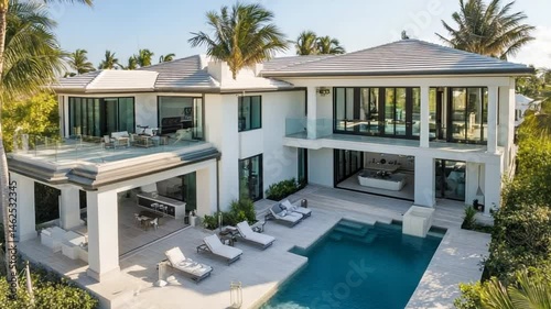 Luxury Waterfront Mansion:  Modern Coastal Dream Home with Pool and Palm Trees