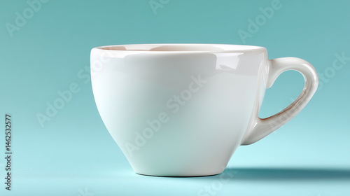 Elegant White Ceramic Teacup Positioned on Smooth Surface Against Soft Aqua Background for Artistic Presentation