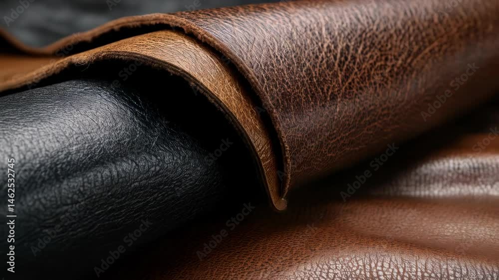 Close-up of folded brown and black leather showing texture, grain, and folds for design or craft concepts and fashion industries product material