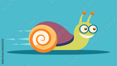 Fast Lane Snail An animated snail with exaggerated features such as oversized eyes and a confident grin is sprinting on a dynamic racetrack. The turbocharger on its shell emits