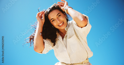 Cuadro en lienzo Fashion, portrait and woman with smile, outdoor and stylist with confidence for career, sky and clothes