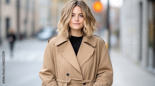 Stylish woman in a camel trench coat.  Outdoor urban setting