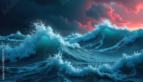 Turbulent waters, shadowy form lurking beneath, terrifying, fear