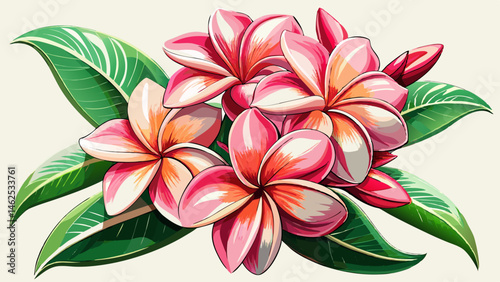 Romantic pink plumeria floral art, vintage-inspired, AI-generated photography.  white background