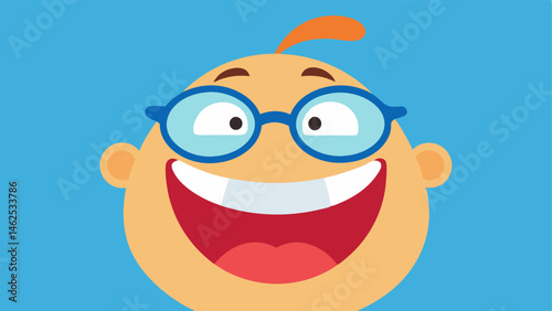 Joyful Exaggeration A cartoon character with large round glasses and an oversized grin. Their eyes are squinted tightly with little crescent shapes while their mouth is wide open
