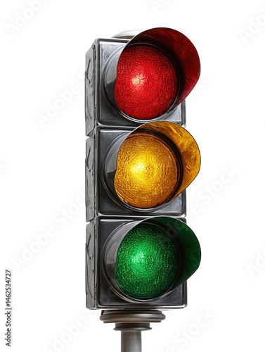 light traffic signal shows red, yellow, and green lit indicators, traffic control and systematic road safety, against on a transparent background
