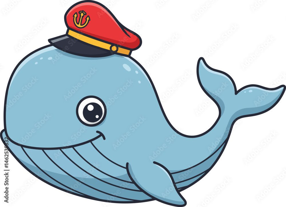 Cute blue whale wearing red captain hat cartoon vector illustration with happy expression and playful design 