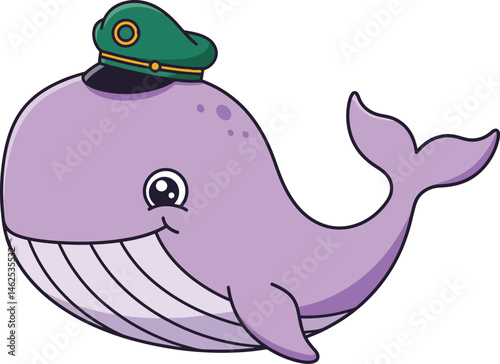 Cute purple whale wearing green captain hat cartoon marine animal illustration vector design 