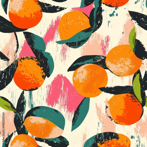 Vibrant orange fruit pattern with leaves and textured background