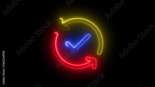 Glowing neon line Gear and arrows as workflow concept icon isolated on black background. Gear reload sign. 4K Video motion graphic animation
