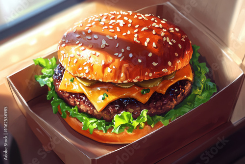 Juicy hamburger with melted cheese, crisp lettuce, and a toasted bun on a rustic wooden table, surrounded by a pile of golden crispy fries.