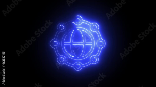 Neon line blue color web share, setting icon isolated on black background. Animation of neon sign concept