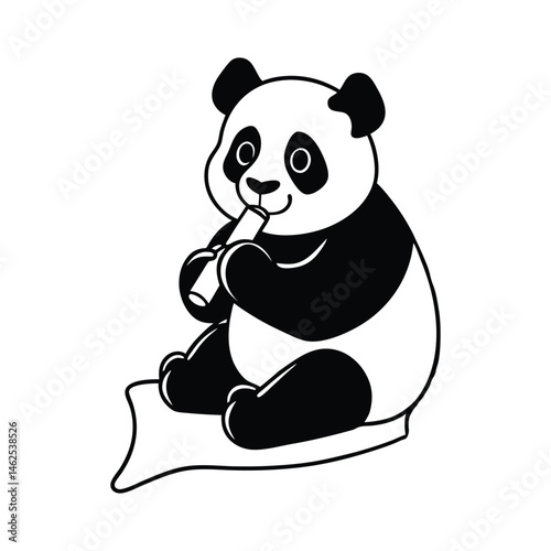 a cute panda munching bamboo while sitting vector art silhouette 