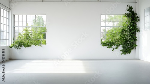 Empty, bright loft space with greenery