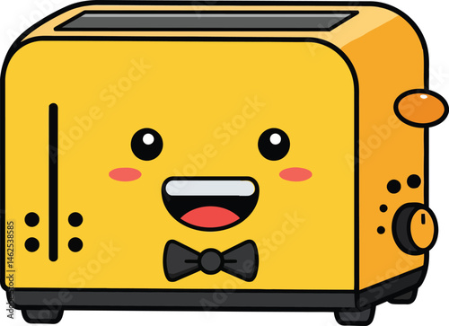 Cute yellow toaster with smiling face and bow tie cheerful kitchen appliance vector illustration 