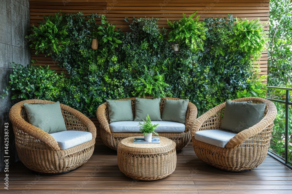 Fototapeta premium Rattan furniture on balcony, green wall, relaxation