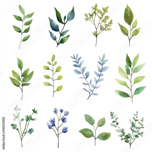Wallpaper Mural Watercolor botanical illustrations of various leaves and branches Torontodigital.ca