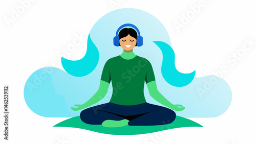 Mindful Breathing A person in a calming yoga pose donning a neurofeedback headset with soft waves of blue and green flowing around symbolizing calm and focused breathing.