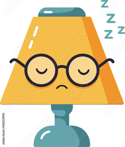 Sleeping desk lamp with glasses vector illustration showing tired expression and closed eyes in cartoon style 