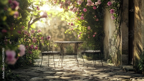 Sunlit rose garden patio, stone path, romantic setting, idyllic background, perfect for peaceful atmosphere