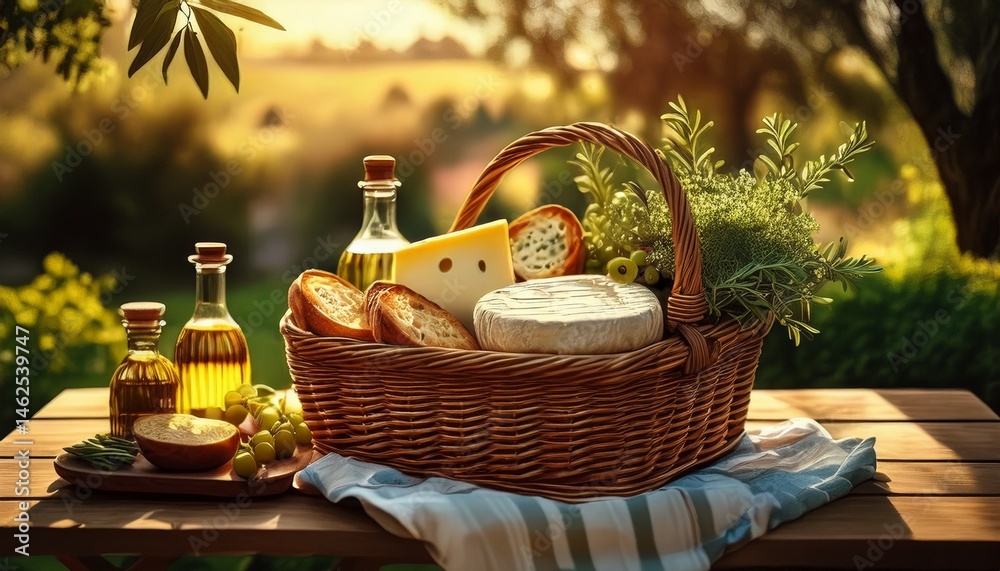 Präsentkorb mit Käse, Brot und Öl auf Picknicktisch Präsentkorb mit Käse, Brot und Öl auf Picknicktisch