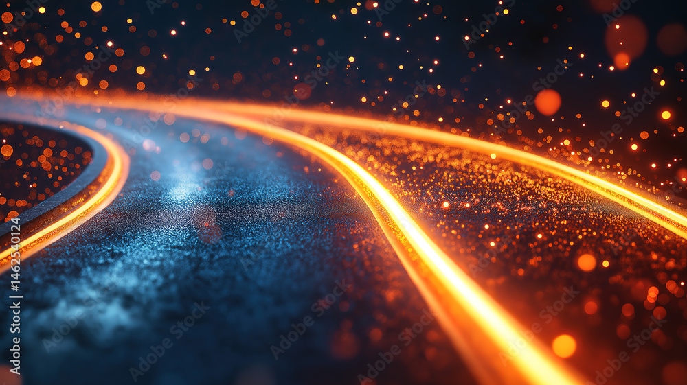Fototapeta premium Abstract background with glowing road curves and light trails, sparkling under the night sky