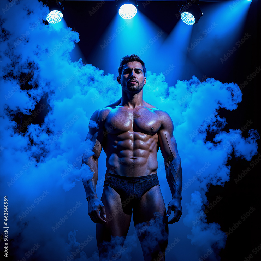 Fototapeta premium a man in a black underwear and trunks standing in front of smoke