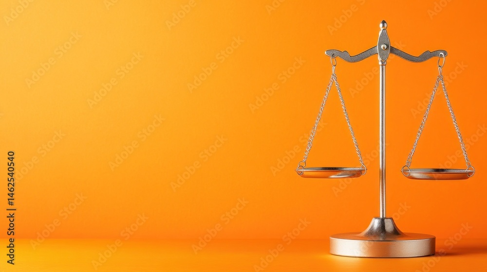 Symmetrical balance scale on vibrant orange background symbolizing justice and fairness Symmetrical balance scale on vibrant orange background symbolizing justice and fairness