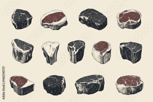 Various illustrations of meat cuts and types - beef, pork, chicken - displayed with labels on a white background.