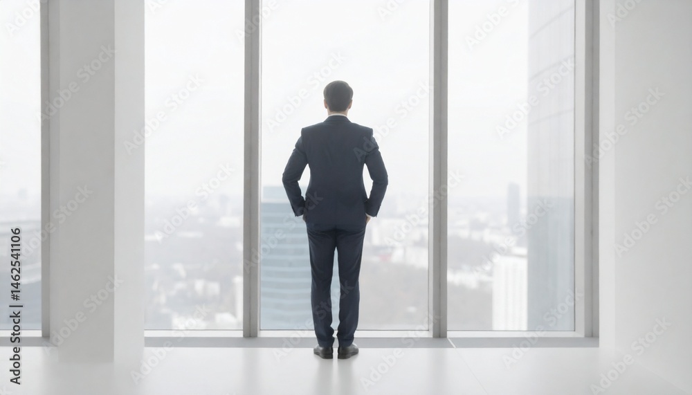 Fototapeta premium A man leaning against a window in his office looking out the window