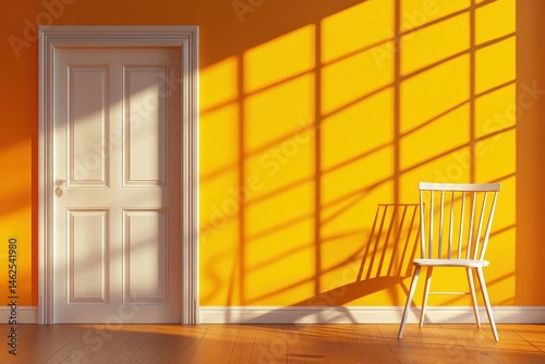 Sunlit room with white door and chair.  A brightly lit interior scene, featuring a sun-drenched, orange-yellow room. A simple white door and a matching wooden chair occupy the space.