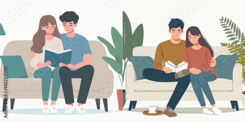 young couple reading book together on sofa style vector flat design