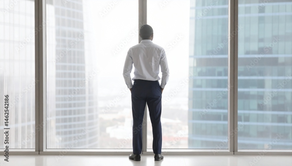 Fototapeta premium A man leaning against a window in his office looking out the window