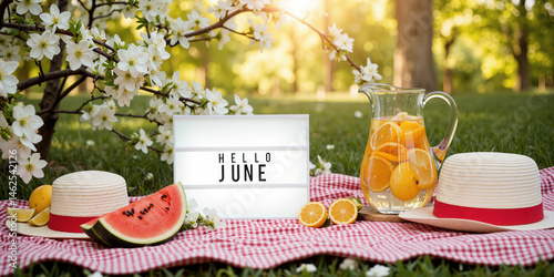 a picnic table with watermelon, hats and a sign that says hello june