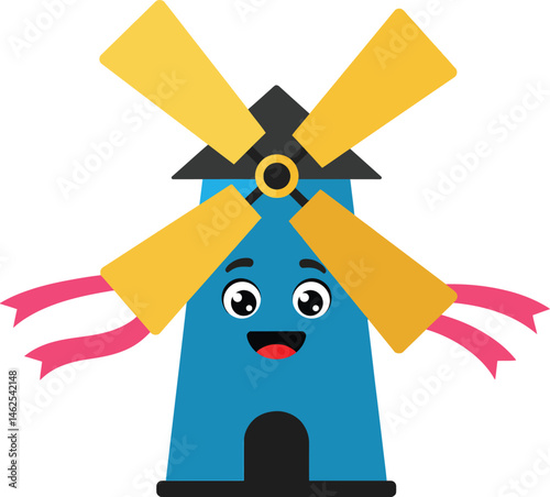 Windmill with yellow blades and pink ribbons cartoon style vector illustration for children and education purposes 
