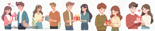 young couple giving each other small gifts vector flat design style
