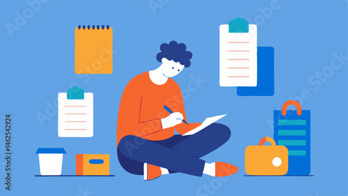 Inventory List A person holding a notepad and pen sitting on the floor making an inventory list of their purchases while bags and receipts lie chaotically around them.