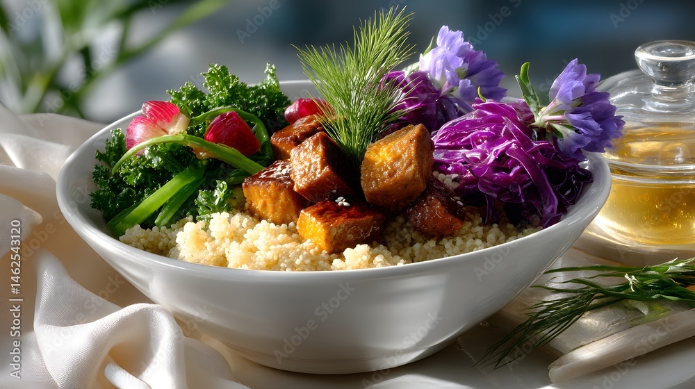 Colorful Healthy Bowl with Quinoa, Grilled Vegetables, Fresh Greens and Edible Flowers