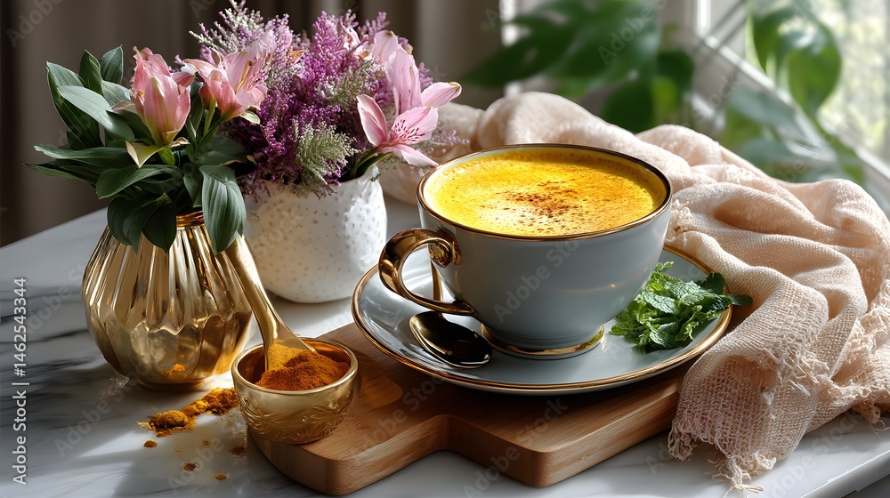 Golden Milk Turmeric Latte with Flowers and Cozy Textiles on Marble Countertop