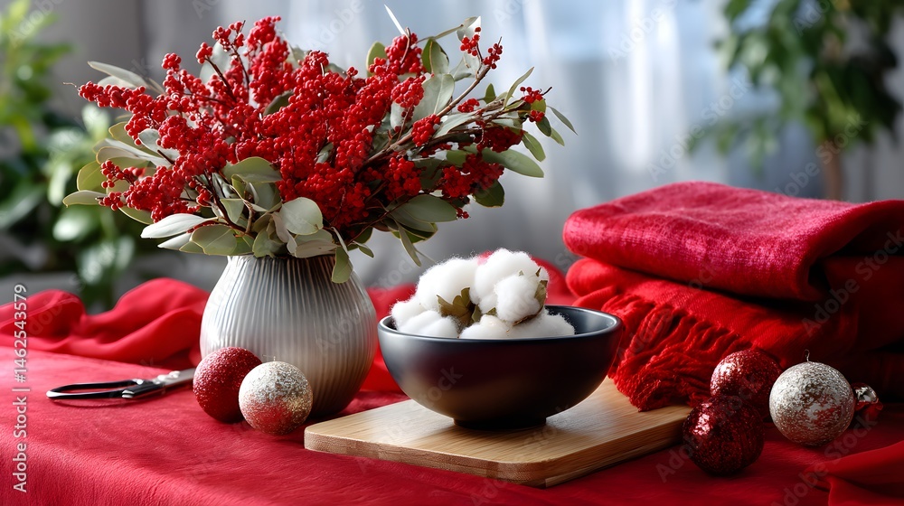 Elegant Arrangement of Red Berries and Cotton on Table with Cozy Textiles and Decorations
