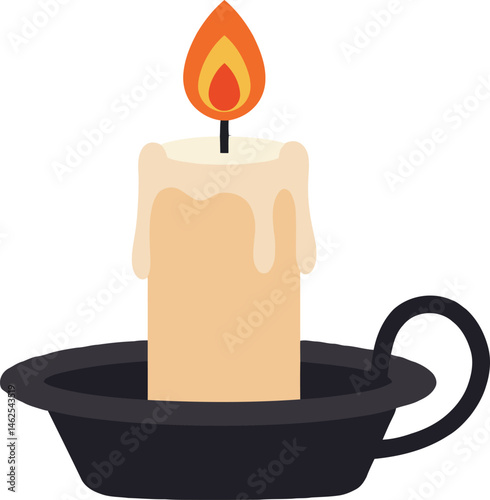 Candle with flame in black holder vector illustration with cream wax and orange fire light source 