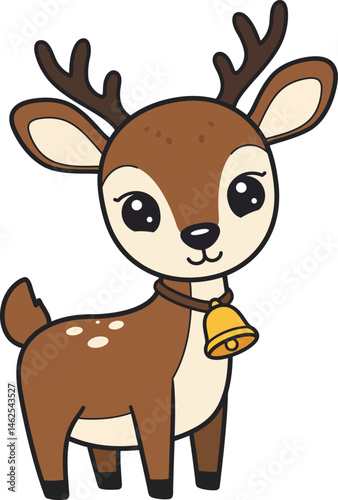 Cute young deer with antlers and bell collar cartoon vector illustration in brown and beige tones 