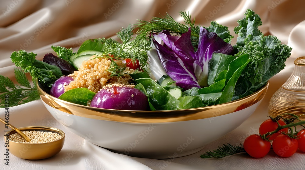Fresh Colorful Salad with Greens, Quinoa, and Cherry Tomatoes on Elegant Background