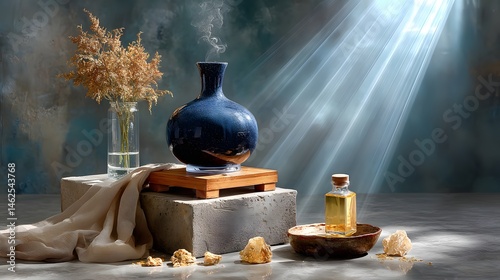 Obraz na płótnie Elegant Still Life with Vase, Essential Oil, Dried Flowers, and Natural Elements in Soft Light w salonie